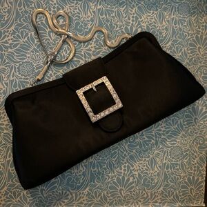 Evening Bag Black Rhinestone Buckle Clutch Purse Handbag Metallic Chain